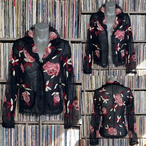 Y2K Floral Embroidered Tulle Blazer Size 6 - Picture 4 of 4
